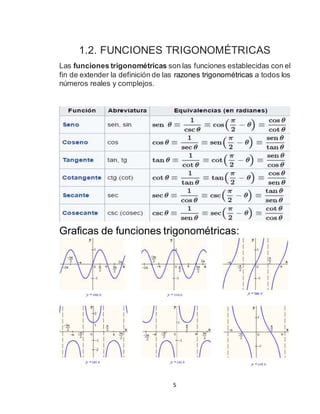 5
1.2. FUNCIONES TRIGONOMÉTRICAS
Las funciones trigonométricas son las funciones establecidas con el
fin de extender la definición de las razones trigonométricas a todos los
números reales y complejos.
Graficas de funciones trigonométricas:
 