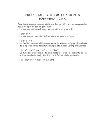 8
PROPIEDADES DE LAS FUNCIONES
EXPONENCIALES
Para toda función exponencial de la forma f(x) = ax
, se cumplen las
siguientes propiedades generales:
 La función aplicada al valor cero es siempre igual a 1:
f (0) = a0
= 1.
 La función exponencial de 1 es siempre igual a la base:
f (1) = a1
= a.
 La función exponencial de una suma de valores es igual al producto
de la aplicación de dicha función aplicada a cada valor por separado.
f (x + x?) = ax+x?
= ax
ax?
= f (x) f (x?).
 La función exponencial de una resta es igual al cociente de su
aplicación al minuendo dividida por la función del sustraendo:
f (x - x?) = ax-x?
= ax
/ax?
= f (x)/f (x?).
 