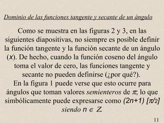 Dominio de las funciones tangente y secante de un ángulo Como se muestra en las figuras 2 y 3, en las siguientes diapositivas, no siempre es posible definir la función tangente y la función secante de un ángulo ( x ). De hecho, cuando la función coseno del ángulo toma el valor de cero, las funciones tangente y secante no pueden definirse (¿por qué?).  En la figura 1 puede verse que esto ocurre para ángulos que toman valores  semienteros  de   ; lo que simbólicamente puede expresarse como  (2n+1) [  / 2 ]   siendo   n      . 