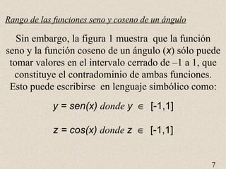 Rango de las funciones seno y coseno de un ángulo Sin embargo, la figura 1 muestra  que la función seno y la función coseno de un ángulo ( x ) sólo puede tomar valores en el intervalo cerrado de –1 a 1, que constituye el contradominio de ambas funciones. Esto puede escribirse  en lenguaje simbólico como: y = sen(x)  donde  y      [-1,1] z = cos(x)  donde  z      [-1,1] 