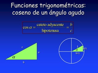 Funciones trigonométricas: 
coseno de un ángulo agudo 
 
b 
c 
cateto adyacente 
  
hipotenusa 
cos  
a 
b 
c 
 
b/c 
a/c 
1 
 