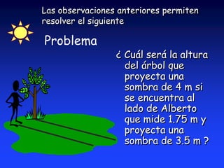Las observaciones anteriores permiten 
resolver el siguiente 
¿ Cuál será la altura 
del árbol que 
proyecta una 
sombra de 4 m si 
se encuentra al 
lado de Alberto 
que mide 1.75 m y 
proyecta una 
sombra de 3.5 m ? 
Problema 
 