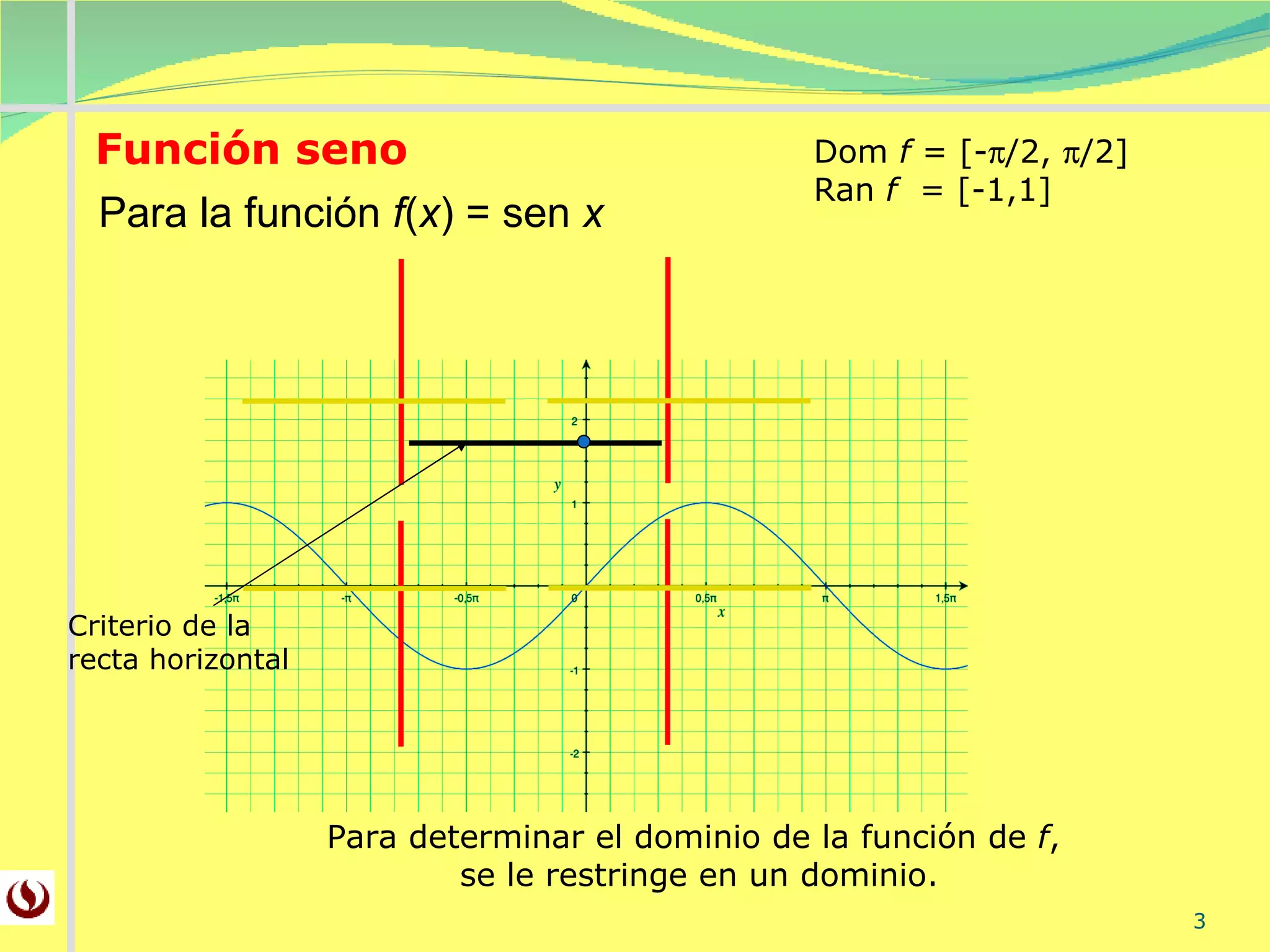 Función seno Para la función  f ( x ) = sen  x Dom  f  = [-  /2,   /2] Ran  f  = [-1,1] Para determinar el dominio de la función de  f ,  se le restringe en un dominio. Criterio de la recta horizontal 