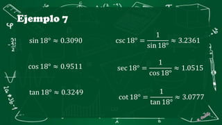 Ejemplo 7
sin 18° ≈ 0.3090
cos 18° ≈ 0.9511
tan 18° ≈ 0.3249
csc 18° =
1
sin 18°
≈ 3.2361
sec 18° =
1
cos 18°
≈ 1.0515
cot 18° =
1
tan 18°
≈ 3.0777
 