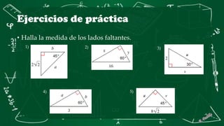 Ejercicios de práctica
• Halla la medida de los lados faltantes.
1) 2) 3)
4) 5)
 