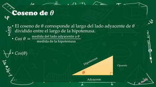 Coseno de 𝜽
• El coseno de 𝜃 corresponde al largo del lado adyacente de 𝜃
dividido entre el largo de la hipotenusa.
• 𝐶𝑜𝑠 𝜃 =
medida del lado adyacente a 𝜃
medida de la hipotenusa
• Cos(𝜃)
𝜃
Adyacente
Opuesto
 