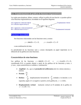 Curso: Modelos matemáticos y funciones                               Magister en enseñanza de las ciencias,
                                                                                     mención matemática




   3.4. Transformaciones de gráficas de funciones trigonométricas
   Las reglas para desplazar, dilatar, contraer, reflejar la gráfica de una función se pueden aplicar
   a las funciones trigonométricas, recordadas en el siguiente diagrama:




   Funciones sinusoidales
        Son funciones relacionadas con las funciones seno y coseno:

                             y = Asen( Bx + C ) + D,      y = A cos( Bx + C ) + D

        o una combinación de éstas.

   La periodicidad de las funciones seno y coseno desempeña un papel importante en la
   obtención de las gráficas de estas funciones.


   Características de estas funciones

   Las gráficas de las funciones y = Asen( Bx + C ) + D        e     y = A cos( Bx + C ) + D ,
   considerando B>0, se pueden obtener a partir de las gráficas de las funciones y=senx, e
   y=cosx, cuyas características se señalan a continuación:

             •   Amplitud: |A|, que es el promedio de la diferencia entre los valores máximo y
                 mínimo.
                            2π
             •   Período:       .
                             B
                               C                                      C
             •   Desfase: − , desplazamiento horizontal de −             unidades a la derecha o a la
                               B                                      B
                 izquierda, según si C es negativo o positivo, de la gráfica de y = A f (Bx) .

             •   Desplazamiento vertical:         traslación vertical en D unidades de la gráfica de
                 y = A f ( Bx + C ) .




Universidad de Talca                                                      Profesores: Juanita Contreras S .30
Instituto de Matemática y Física                                                      Claudio del Pino O.
 