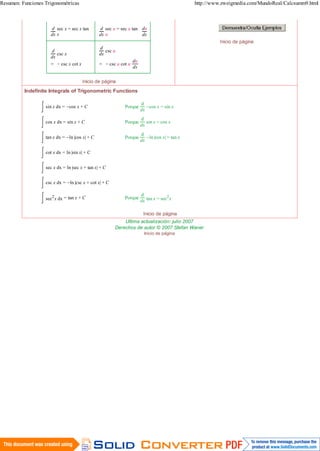 Resumen: Funciones Trigonométricas                                                              http://www.zweigmedia.com/MundoReal/Calcsumm9.html



                     d sec x = sec x tan        d sec u = sec u tan du
                     dx x                       dx u                dx
                                                                                                          Inicio de página
                                                d
                     d                             csc u
                        csc x                   dx
                     dx
                                                                  du
                     = - csc x cot x            = - csc u cot u
                                                                  dx

                                       Inicio de página
          Indefinite Integrals of Trigonometric Functions

                                                                       d
                   sin x dx = -cos x + C                    Porque        -cos x = sin x
                                                                       dx
                                                                       d
                   cos x dx = sin x + C                     Porque        sin x = cos x
                                                                       dx
                                                                       d
                   tan x dx = -ln |cos x| + C               Porque        -ln |cos x| = tan x
                                                                       dx

                   cot x dx = ln |sin x| + C


                   sec x dx = ln |sec x + tan x| + C


                   csc x dx = -ln |csc x + cot x| + C

                                                                       d
                   sec2 x dx = tan x + C                    Porque                   2
                                                                       dx tan x = sec x

                                                                        Inicio de página
                                                            Ultima actualización: julio 2007
                                                        Derechos de autor © 2007 Stefan Waner
                                                                         Inicio de página




4 de 4                                                                                                                        24/08/2012 10:50 p.m.
 