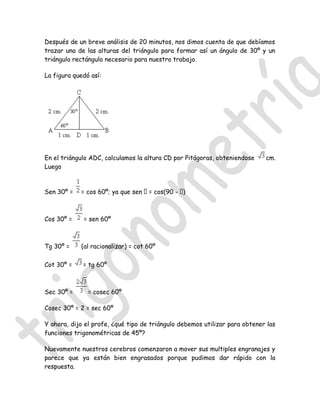 Después de un breve análisis de 20 minutos, nos dimos cuenta de que debíamos
trazar una de las alturas del triángulo para formar así un ángulo de 30º y un
triángulo rectángulo necesario para nuestro trabajo.

La figura quedó así:




En el triángulo ADC, calculamos la altura CD por Pitágoras, obteniendose    cm.
Luego



Sen 30º =   = cos 60º; ya que sen  = cos(90 - )



Cos 30º =    = sen 60º



Tg 30º =    (al racionalizar) = cot 60º

Cot 30º =    = tg 60º



Sec 30º =      = cosec 60º

Cosec 30º = 2 = sec 60º

Y ahora, dijo el profe, ¿qué tipo de triángulo debemos utilizar para obtener las
funciones trigonométricas de 45º?

Nuevamente nuestros cerebros comenzaron a mover sus multiples engranajes y
parece que ya están bien engrasados porque pudimos dar rápido con la
respuesta.
 