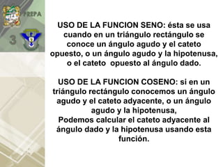 USO DE LA FUNCION SENO: ésta se usa
cuando en un triángulo rectángulo se
conoce un ángulo agudo y el cateto
opuesto, o un ángulo agudo y la hipotenusa,
o el cateto opuesto al ángulo dado.
USO DE LA FUNCION COSENO: si en un
triángulo rectángulo conocemos un ángulo
agudo y el cateto adyacente, o un ángulo
agudo y la hipotenusa,
Podemos calcular el cateto adyacente al
ángulo dado y la hipotenusa usando esta
función.
 