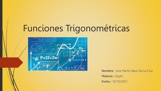 Funciones Trigonométricas
Nombre : Jose Martin Baca De La Cruz
Materia : Geytri
Fecha : 10/10/2021
 