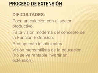 PROCESO DE EXTENSIÓN
• DIFICULTADES:
• Poca articulación con el sector
productivo.
• Falta visión moderna del concepto de
la Función Extensión.
• Presupuesto insuficientes.
• Visión mercantilista de la educación
(no se ve rentable invertir en
extensión).
 