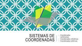 SISTEMAS DE
COORDENADAS
• Coordenadas
cartesianas
• Coordenadas cilíndricas
• Coordenadas esféricas
 
