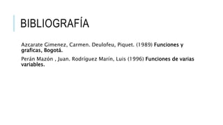 BIBLIOGRAFÍA
Azcarate Gimenez, Carmen. Deulofeu, Piquet. (1989) Funciones y
graficas, Bogotá.
Perán Mazón , Juan. Rodríguez Marín, Luis (1996) Funciones de varias
variables.
 