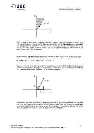 Funciones de varias variables I
(b) C es abierto, ya que para cualquier punto del conjunto podemos encontrar una bola que
esté completamente incluida en C. Observar que todas las desigualdades que aparecen
son desigualdades estrictas. Además, no es cerrado, ya que su complementario no es
abierto. Por tanto, como no es un cerrado, no es un conjunto compacto. Observar que, de
hecho, el conjunto C no es acotado.
(c) Observar que podemos considerar este conjunto como la intersección de dos conjuntos:
D1 = {(x,y) : y ≥ x2
} y D2 = {(x,y) : 0 ≤ x ≤ 2, 0 ≤ y ≤ 1}
El primer conjunto es exactamente el mismo que C1 pero incluyendo también a los puntos que
pertenecen a la gráfica. El segundo conjunto no es nada más que un rectángulo cerrado de
2x1. La representación del conjunto D es la zona de color gris:
Por la forma que tiene el conjunto D podemos decir que es un conjunto acotado (es muy fácil
encontrar una bola que contenga al conjunto). Además, está claro que el conjunto es cerrado
(si consideráis el conjunto complementario a D veréis que es un conjunto abierto). Por tanto,
como es un conjunto acotado y cerrado, es un conjunto compacto.
Proyecto e-Math 12
Financiado por la Secretaría de Estado de Educación y Universidades (MECD)
 