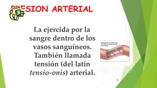 24
PRESION ARTERIAL
La ejercida por la
sangre dentro de los
vasos sanguíneos.
También llamada
tensión (del latín
tensio-onis) arterial.
 