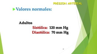 26
Valores normales:
Adultos
Sistólica: 120 mm Hg
Diastólica: 70 mm Hg
PRESION ARTERIAL
 