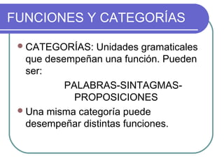FUNCIONES Y CATEGORÍAS

  CATEGORÍAS:   Unidades gramaticales
   que desempeñan una función. Pueden
   ser:
           PALABRAS-SINTAGMAS-
             PROPOSICIONES
  Una misma categoría puede
   desempeñar distintas funciones.
 