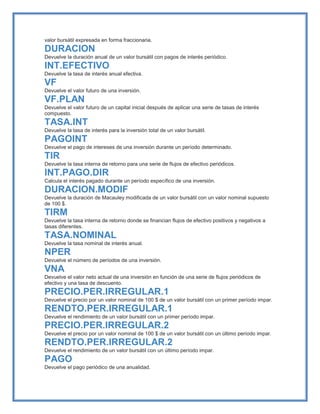 valor bursátil expresada en forma fraccionaria.
DURACION
Devuelve la duración anual de un valor bursátil con pagos de interés periódico.
INT.EFECTIVO
Devuelve la tasa de interés anual efectiva.
VF
Devuelve el valor futuro de una inversión.
VF.PLAN
Devuelve el valor futuro de un capital inicial después de aplicar una serie de tasas de interés
compuesto.
TASA.INT
Devuelve la tasa de interés para la inversión total de un valor bursátil.
PAGOINT
Devuelve el pago de intereses de una inversión durante un período determinado.
TIR
Devuelve la tasa interna de retorno para una serie de flujos de efectivo periódicos.
INT.PAGO.DIR
Calcula el interés pagado durante un período específico de una inversión.
DURACION.MODIF
Devuelve la duración de Macauley modificada de un valor bursátil con un valor nominal supuesto
de 100 $.
TIRM
Devuelve la tasa interna de retorno donde se financian flujos de efectivo positivos y negativos a
tasas diferentes.
TASA.NOMINAL
Devuelve la tasa nominal de interés anual.
NPER
Devuelve el número de períodos de una inversión.
VNA
Devuelve el valor neto actual de una inversión en función de una serie de flujos periódicos de
efectivo y una tasa de descuento.
PRECIO.PER.IRREGULAR.1
Devuelve el precio por un valor nominal de 100 $ de un valor bursátil con un primer período impar.
RENDTO.PER.IRREGULAR.1
Devuelve el rendimiento de un valor bursátil con un primer período impar.
PRECIO.PER.IRREGULAR.2
Devuelve el precio por un valor nominal de 100 $ de un valor bursátil con un último período impar.
RENDTO.PER.IRREGULAR.2
Devuelve el rendimiento de un valor bursátil con un último período impar.
PAGO
Devuelve el pago periódico de una anualidad.
 