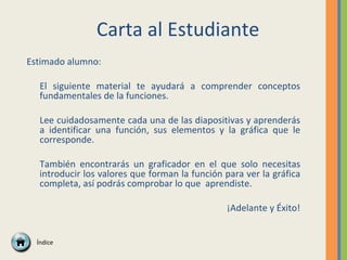 Carta al Estudiante Estimado alumno: El siguiente material te ayudará a comprender conceptos fundamentales de la funciones. Lee  cuidadosamente cada una de las diapositivas y  aprenderás a identificar una función, sus elementos y la gráfica que le corresponde.  También encontrarás un graficador en el que solo necesitas introducir los valores que forman la función para ver la gráfica completa, así  podrás comprobar lo que  aprendiste. ¡ Adelante y Éxito! Índice 