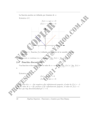 La función pueden ser denida por dominio de x:
Ejemplo 2.7.
f(x) = x por x  0
f(x) = −x por x  0
Figura 5. Función f(x) denida por dominio de la variable indepen-
diente x
La función es continua en x = 0 porque l´ım
x→0+
f(x) = l´ım
x→0−
f(x) = 0
2.4 Función discontinua
Una función es discontinua por un valor de x = a cuando l´ım
x→a+
f(x) = l´ım
x→a−
f(x) =
b
Ejemplo 2.8.
f(x) = 1 por x  0
f(x) = −1 por x  0
Por un valor de x = −∆x negativo y ∆x innitamente pequeño, el valor de f(x) = −1
Por un valor de x = ∆x positivo y ∆x innitamente pequeño, el valor de f(x) = 1
Se dice que hay discontinuidad por x = 0.
10 Álgebra Superior - Funciones y Limites por Don Danny
 