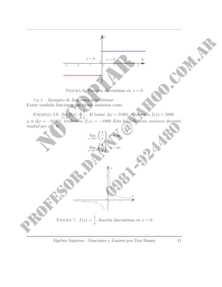 Figura 6. Función discontinua en x = 0
2.4.1. Ejemplos de funciones discontinuas
Existe también funciones que tienen asintotas como
Ejemplo 2.9. l´ım
x→0
f(x) =
1
x
.
Al tomar ∆x = 0.001, tendremos f(x) = 1000
y si ∆x = −0.001, tendremos f(x) = −1000
Esta función tiene entonces discontinuidad por x = 0:
l´ım
x→0+
1
x
= +∞
l´ım
x→0−
1
x
= −∞
Figura 7. f(x) =
1
x
, función discontinua en x = 0
Álgebra Superior - Funciones y Limites por Don Danny 11
 
