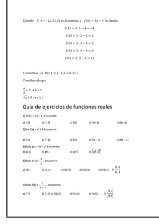 Ejemplo: Si A = {1,2,3,4,5} es el dominio, y la función
El recorrido es
Considerando que
0
0


aRa
bR
b
a
Guia de ejercicios de funciones reales
1) Si f(x) = 2x – 1 . Encuentre:
a) f(3) b) f(-2) c) f(0) d) f(a+1) e) f(x+1)
2)Sea f(x) = x2
+ 1.Encuentre:
a) f(2) b) f(-3) c) f(0) d) f(a - 1) e) f(x – 1)
3)Dado g(x) = 8 – x3
. Encuentre:
a) g(-2) b) g(5) c) g(x2
) d)   2
xg
4)Dado h(x) =
x
3
, encuentre:
a) h(1) b) h(-3) c) h(1/3) d) h(3/a) e) h(3/x) f)
 
 xh
h 3
5)Dado f(x) =
1
2
x
, encuentre:
a) f(7) b) f(-5) c) f(1/2) d) f( a/2 e) f(x/2) f)
 
 2f
xf
 