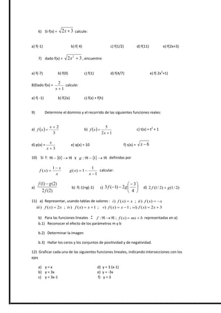 6) Si f(x) = 32 x calcule:
a) f(-1) b) f( 4) c) f(1/2) d) f(11) e) f(2x+3)
7) dado f(x) = 32 2
x , encuentre:
a) f(-7) b) f(0) c) f(1) d) f(4/7) e) f( 2x2
+1)
8)Dado f(x) =
1
2
x
calcule:
a) f( -1) b) f(2x) c) f(x) + f(h)
9) Determine el dominio y el recorrido de las siguientes funciones reales:
a)  
3
2

x
xf b)  
12
5


x
xf c) t(x) = t2
+ 1
d) p(x) =
3x
x
e) q(x) = 10 f) s(x) = 6x
10) Si f:    0 y   1:g definidas por
x
x
xf


1
)(
1
1
1)(


x
xg calcular:
a)
)2(2
)2()1(
f
gf 
b) f(-1)+g(-1) c) 




 

4
3
2)1(3 gf d) )2/1()2/1(2 gf 
11) a) Representar, usando tablas de valores : xxfiixxfi  )();)()
32)();1)();1)();2)()  xxfvixxfvxxfivxxfiii
b) Para las funciones lineales : bmxxff  )(;: representadas en a)
b.1) Reconocer el efecto de los parámetros m y b
b.2) Determinar la imagen
b.3) Hallar los ceros y los conjuntos de positividad y de negatividad.
12) Graficar cada una de las siguientes funciones lineales, indicando intersecciones con los
ejes
a) y = x d) y = 3 (x-1)
b) y = 3x e) y = -3x
c) y = 3x-1 f) y = 3
 
