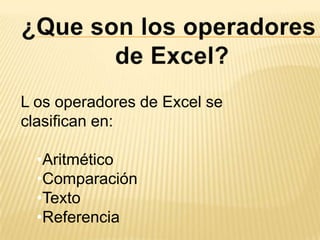 ¿Que son los operadores de Excel?L os operadores de Excel se clasifican en:Aritmético