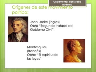 Orígenes de este movimiento
político:
Fundamentos del Estado
Moderno
Jonh Locke (ingles)
Obra “Segundo tratado del
Gobierno Civil”
Montesquieu
(francés)
Obra: “El espíritu de
las leyes”
