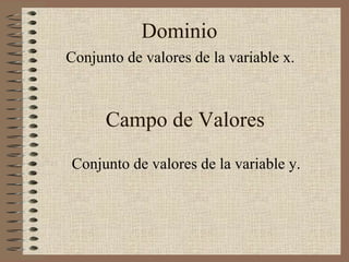 Dominio Conjunto de valores de la variable x. Campo de Valores Conjunto de valores de la variable y. 