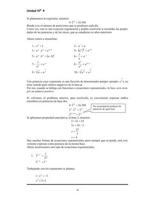 Unidad Nª 4
10
Si planteamos la expresión, tenemos:
384.1624 3
=⋅ x
Donde x es el número de particiones que se producen cada día.
Como ves, esta es una ecuación exponencial y podrás resolverla si recuerdas las propie-
dades de las potencias y de las raíces, que se estudiaron en años anteriores.
Ahora vamos a resumirlas:
1.- 10
=a 2.- aa =1
3.- qpqp
aaa +
=⋅ 4.- ( ) qpqp
aa ⋅
=
5.- ( )ppp
baba ⋅=⋅ 6.- 11 −
= a
a
7.- p
p
a
a
−
=
1
8.- qp
q
p
a
a
a −
=
9.- nn
aa
1
= 10.- n
p
n p
aa =
Una potencia cuyo exponente es una fracción de denominador par(por ejemplo 4
3
a ), no
tiene sentido para valores negativos de la base a.
Por eso, cuando se trabaja con funciones o ecuaciones exponenciales, la base será siem-
pre un número positivo.
Si volvemos al problema anterior, para resolverla, es conveniente expresar ambos
miembros en potencias de base dos
( ) 1432
1432
3
22
222
384.1624
=
=⋅
=⋅
+ x
x
x
Si aplicamos propiedad cancelativa, la base 2, tenemos:
4
3
12
2143
1432
=
=
−=
=+
x
x
x
x
Hay muchas formas de ecuaciones exponenciales, pero siempre que se pueda, será con-
veniente expresar como potencia de la misma base.
Ahora resolveremos otro tipo de ecuaciones exponenciales:
1.
27
1
3
2
1
=−x
31
33
2
−−
=x
Trabajando con los exponentes se plantea
13
31
2
2
+=
−=−
x
x
Por propiedad de producto de
potencias de igual base
 