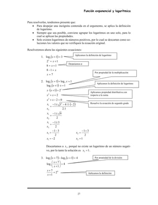 Función exponencial y logarítmica
27
Para resolverlas, tendremos presente que:
• Para despejar una incógnita contenida en el argumento, se aplica la definición
de logaritmo.
• Siempre que sea posible, conviene agrupar los logaritmos en uno solo, para lo
cual se aplican las propiedades.
• Solo existen logaritmos de números positivos, por lo cual se descartan como so-
luciones los valores que no verifiquen la ecuación original.
Resolveremos ahora las siguientes ecuaciones:
1. ( ) 31log2 =+x
7
18
18
123
=
=−
+=
+=
x
x
x
x
2. ( ) 1log1log 22 =++ xx
( )
( )
02
2
21
11log
2
2
1
2
=−+
=+
=+⋅
=⋅+
xx
xx
xx
xx
( )
2
31
2
91
1.2
21411
2
1
2
1
2
2
1
±−
=
±−
=
−⋅⋅−±−
=
x
x
x
x
x
x
2
2
31
1
1
−=
−−
=
x
x
1
2
31
2
2
=
+−
=
x
x
Descartamos a 1x , porqué no existe un logaritmo de un número negati-
vo, por lo tanto la solución es 12 =x .
3. ( ) ( ) 41log7log 22 =+−+ xx
4
2
2
1
7
4
1
7
log
=
+
+
=





+
+
x
x
x
x
Despejamos x
Aplicamos la definición de logaritmo
Por propiedad de la multiplicación
Aplicamos la definición de logaritmo
Aplicamos propiedad distributiva con
respecto a la suma
Resuelvo la ecuación de segundo grado
Por propiedad de la división
Aplicamos la definición
 