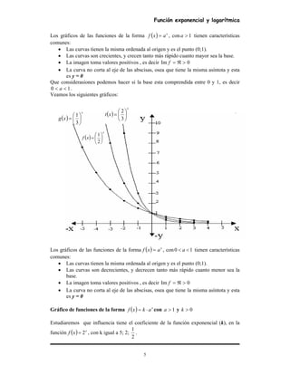 Función exponencial y logarítmica
5
Los gráficos de las funciones de la forma ( ) x
axf = , con 1>a tienen características
comunes:
• Las curvas tienen la misma ordenada al origen y es el punto (0;1).
• Las curvas son crecientes, y crecen tanto más rápido cuanto mayor sea la base.
• La imagen toma valores positivos , es decir 0Im >ℜ=f
• La curva no corta al eje de las abscisas, osea que tiene la misma asíntota y esta
es y = 0
Que considerasiones podemos hacer si la base esta comprendida entre 0 y 1, es decir
10 << a .
Veamos los siguientes gráficos:
Los gráficos de las funciones de la forma ( ) x
axf = , con 10 << a tienen características
comunes:
• Las curvas tienen la misma ordenada al origen y es el punto (0;1).
• Las curvas son decrecientes, y decrecen tanto más rápido cuanto menor sea la
base.
• La imagen toma valores positivos , es decir 0Im >ℜ=f
• La curva no corta al eje de las abscisas, osea que tiene la misma asíntota y esta
es y = 0
Gráfico de funciones de la forma ( ) x
akxf ⋅= con 1>a y 0>k
Estudiaremos que influencia tiene el coeficiente de la función exponencial (k), en la
función ( ) x
xf 2= , con k igual a 5; 2;
2
1
.
( )
x
xf 





=
2
1
( )
x
xg 





=
3
1 ( )
x
xt 





=
3
2
 