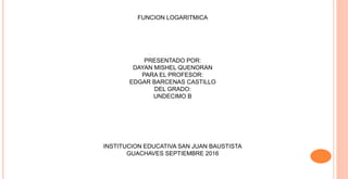 FUNCION LOGARITMICA
PRESENTADO POR:
DAYAN MISHEL QUENORAN
PARA EL PROFESOR:
EDGAR BARCENAS CASTILLO
DEL GRADO:
UNDECIMO B
...