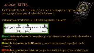 08/07/2015 26
4.7.9.2 El TIR.
La TIR es la tasa de actualización o descuento, que se representa
con r, y que hace que el valor del VAN sea 0.
Calculamos el valor de la TIR de la siguiente manera:
Si r > i conviene hacer la inversión, ya que se obtiene una rentabilidad superior a
la de mercado.
Si r = i la inversión es indiferente y la empresa no ganará ni perderá con la
inversión.
Si r < i la inversión no interesa, ya que la rentabilidad que se podría obtener es
 