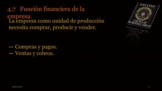 08/07/2015 5
4.7 Función financiera de la
empresa.
La empresa como unidad de producción
necesita comprar, producir y vender.
— Compras y pagos.
— Ventas y cobros.
 
