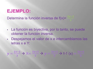 EJEMPLO:
Determina la función inversa de f(x)=
ퟐ풙−ퟏ
ퟑ
La función es biyectiva, por lo tanto, se puede
obtener la función inversa.
Despejamos el valor de x e intercambiamos las
letras x e Y:
풚 =
ퟐ풙−ퟏ
ퟑ
X=
ퟑ풚+ퟏ
ퟐ
풚 =
ퟑ풙+ퟏ
ퟐ
f-1 (x) =
ퟑ풙+ퟏ
ퟐ