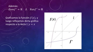 Además:
𝐷𝑜𝑚𝑓∗
= ℝ 𝑅𝑎𝑛𝑓∗
= ℝ
Graficamos la función 𝑓(𝑥), y
luego reflejamos dicha gráfica
respecto a la recta 𝑙: 𝑦 = 𝑥
𝒇(𝒙)
𝒇∗
𝑙
 