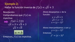 Hallar la función inversa de 𝑓 𝑥 = 𝑥 + 3
Resolución:
Comprobamos que 𝑓 𝑥 es
inyectiva:
𝑓 𝑎 = 𝑓(𝑏)
𝑎 + 3 = 𝑏 + 3
𝑎 = 𝑏
Entonces, 𝑓 𝑥 es inyectiva.
𝑎 = 𝑏
Ahora despejamos 𝑥 de la
función:
𝑦 = 𝑥 + 3
𝑥 = 𝑦 − 3
𝑥 = (𝑦 − 3)2
Ahora intercambiamos 𝑥 con 𝑦:
𝑦 = (𝑥 − 3)2
Entonces:
𝑓∗
= (𝑥 − 3)2
 