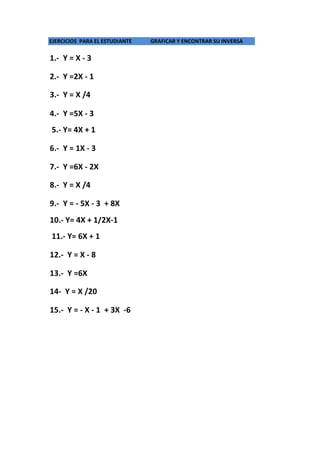 EJERCICIOS PARA EL ESTUDIANTE GRAFICAR Y ENCONTRAR SU INVERSA
1.- Y = X - 3
2.- Y =2X - 1
3.- Y = X /4
4.- Y =5X - 3
6.- Y = 1X - 3
7.- Y =6X - 2X
8.- Y = X /4
9.- Y = - 5X - 3 + 8X
12.- Y = X - 8
13.- Y =6X
14- Y = X /20
15.- Y = - X - 1 + 3X -6
5.- Y= 4X + 1
10.- Y= 4X + 1/2X-1
11.- Y= 6X + 1
 