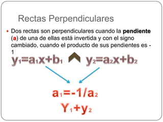 Rectas PerpendicularesDos rectas son perpendiculares cuando la pendiente (a) de una de ellas está invertida y con el signo cambiado, cuando el producto de sus pendientes es -1y1=a1x+b1y2=a2x+b2a1=-1/a2Y1+y2