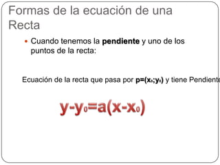 Formas de la ecuación de una RectaCuando tenemos la pendiente y uno de los puntos de la recta:Ecuación de la recta que pasa por p=(x0;y0) y tiene Pendiente ay-y0=a(x-x0)