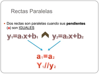 Rectas ParalelasDos rectas son paralelas cuando sus pendientes (a) son IGUALESy1=a1x+b1y2=a2x+b2a1=a2Y1//y2