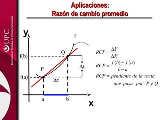 Aplicaciones:
           Razón de cambio promedio

 y                      f

                                           ∆Y
                Q                    RCP =
f(b)                                       ∆X
                                           f (b) − f (a )
                            ∆y       RCP =
       P                                       b−a
f(a)                                 RCP = pendiente de la recta
           ∆x
                                            que pasa por P y Q


       a            b
                                 x
 