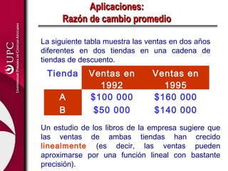 Aplicaciones:
      Razón de cambio promedio

La siguiente tabla muestra las ventas en dos años
diferentes en dos tiendas en una cadena de
tiendas de descuento.
 Tienda      Ventas en          Ventas en
               1992               1995
     A       $100 000           $160 000
     B        $50 000           $140 000
Un estudio de los libros de la empresa sugiere que
las ventas de ambas tiendas han crecido
linealmente (es decir, las ventas pueden
aproximarse por una función lineal con bastante
precisión).
 