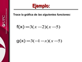 Ejemplo:
Trace la gráfica de las siguientes funciones:



  f(x) = 3( x −2)( x −5)


  g(x) = 3( − − x )( x −5)
             1
 