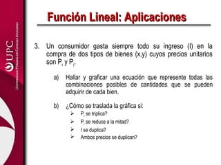 Función Lineal: Aplicaciones

3. Un consumidor gasta siempre todo su ingreso (I) en la
   compra de dos tipos de bienes (x,y) cuyos precios unitarios
   son Px y Py.

      a)   Hallar y graficar una ecuación que represente todas las
           combinaciones posibles de cantidades que se pueden
           adquirir de cada bien.

      b)   ¿Cómo se traslada la gráfica si:
                Px se triplica?
                Px se reduce a la mitad?
                I se duplica?
                Ambos precios se duplican?
 
