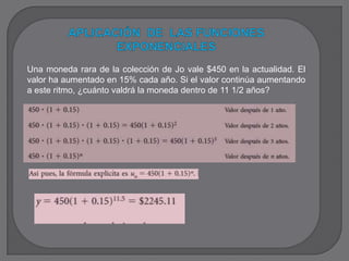 Una moneda rara de la colección de Jo vale $450 en la actualidad. El
valor ha aumentado en 15% cada año. Si el valor continúa aumentando
a este ritmo, ¿cuánto valdrá la moneda dentro de 11 1/2 años?
 