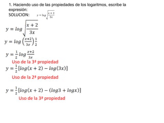 1. Haciendo uso de las propiedades de los logaritmos, escribe la
expresión:
SOLUCION:
Uso de la 3ª propiedad
Uso de la 2ª propiedad
Uso de la 3ª propiedad
 